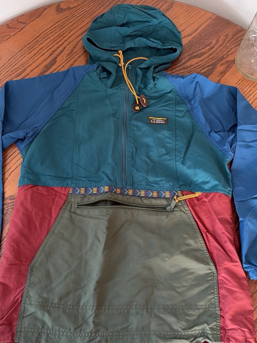 L.L. Bean Colorblock Hooded Raincoat in Teal, Blue, Burgundy & Olive
